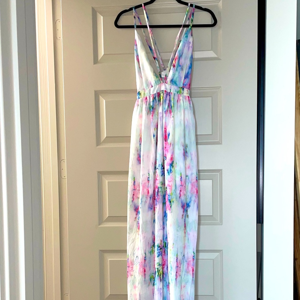 Backless Strappy Maxi Dress with Side Slits and Rainbow Tie Dye Pattern Medium